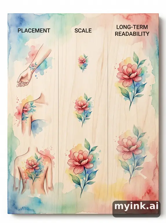First tattoo decision board comparing placement — Watercolor Tattoo Design reference image