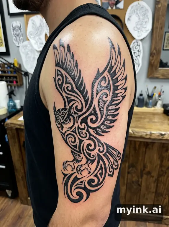 Owl with spread wings — Tribal Tattoo Design reference image