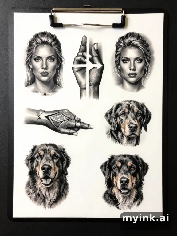 Cover-up tattoo planning board showing five blackwork directions — Realistic Tattoo Design reference image