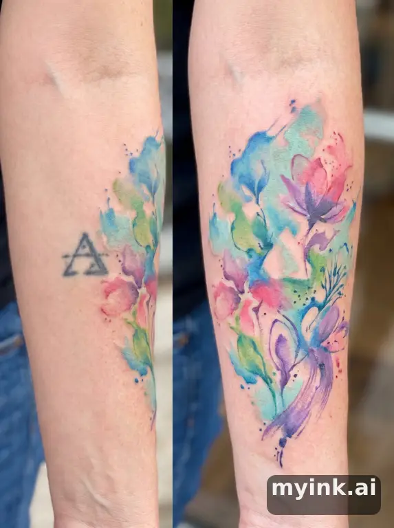 Before-and-after cover-up direction that absorbs an old small symbol — Watercolor Tattoo Design reference image