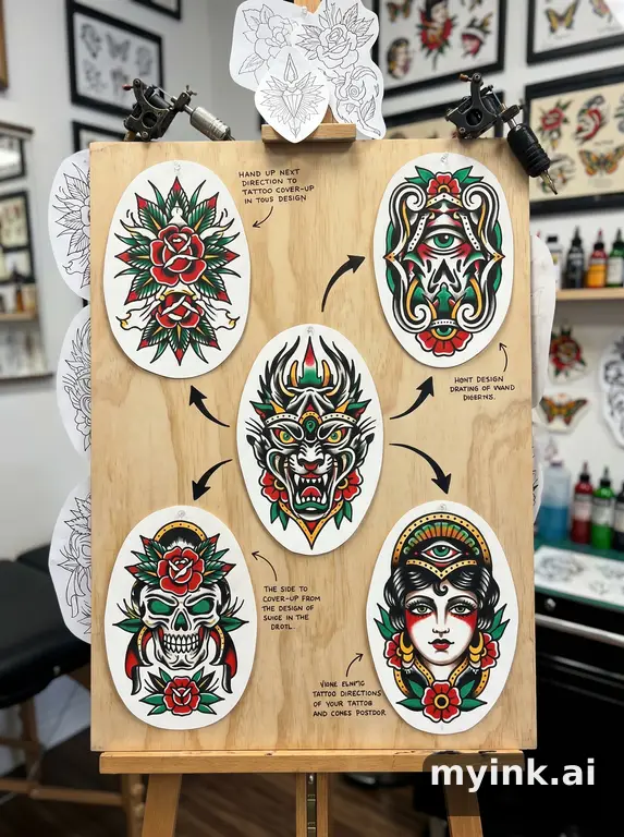 Cover-up tattoo planning board showing five blackwork directions — Traditional Tattoo Design reference image