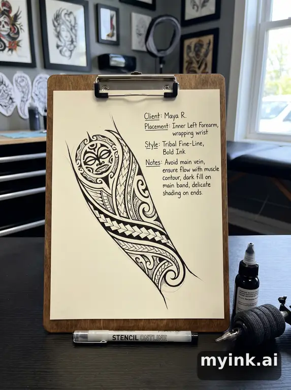 First tattoo consultation sheet with a fine-line forearm design and placement notes — Tribal Tattoo Design reference image