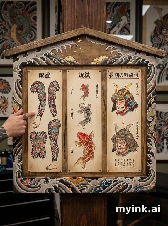 First tattoo decision board comparing placement — Japanese Tattoo Design reference image