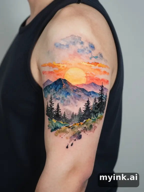 Sunrise over mountains — Watercolor Tattoo Design reference image