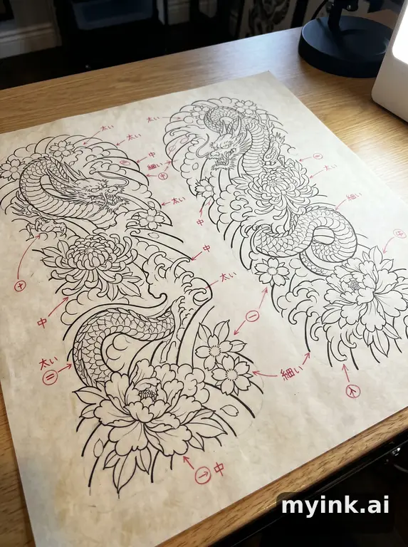 Clean stencil-ready botanical tattoo with line weight annotations — Japanese Tattoo Design reference image