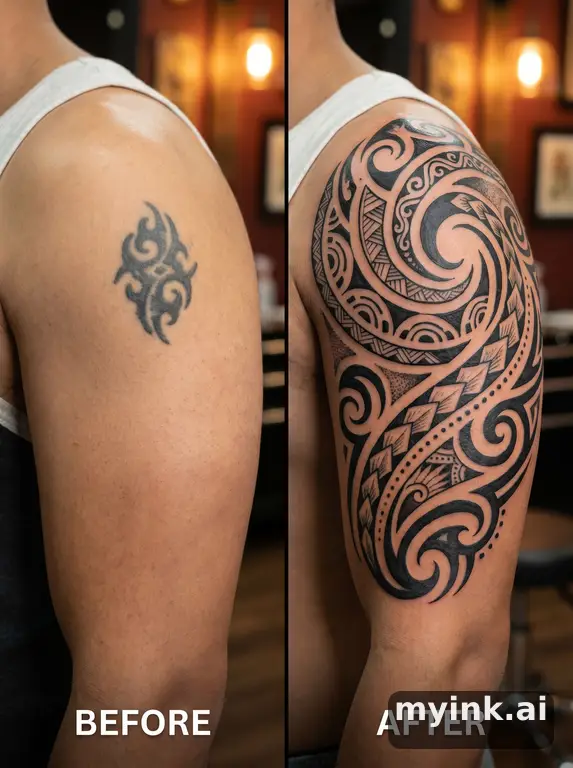 Before-and-after cover-up direction that absorbs an old small symbol — Tribal Tattoo Design reference image