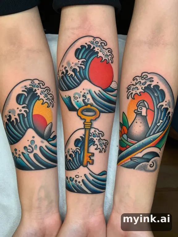 Three symbolic memorial tattoo routes based on ocean waves and a small key — Neotraditional Tattoo Design reference image