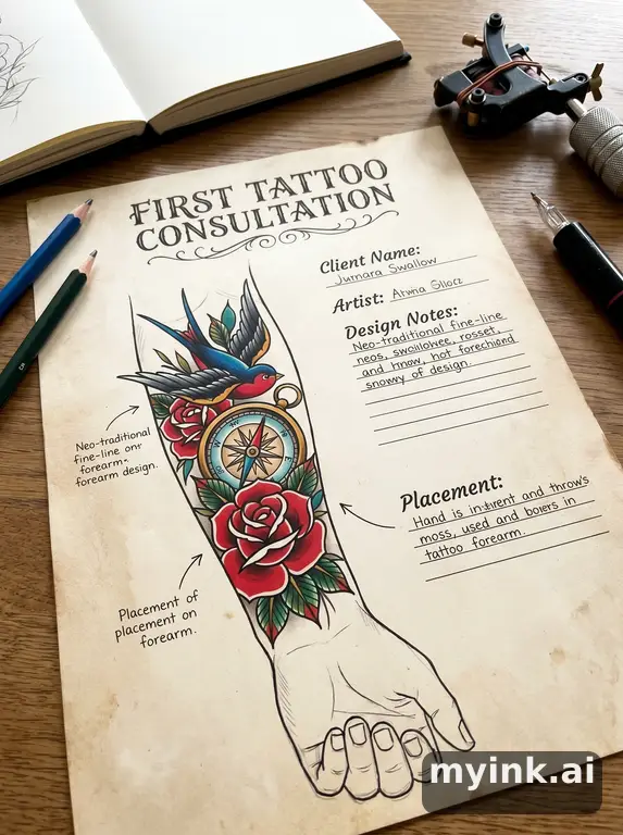 First tattoo consultation sheet with a fine-line forearm design and placement notes — Neotraditional Tattoo Design reference image