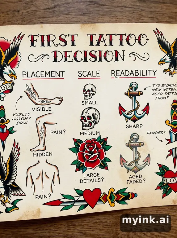 First tattoo decision board comparing placement — Traditional Tattoo Design reference image