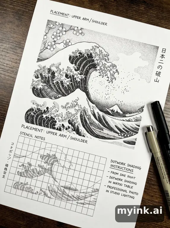 Consultation-ready Japanese wave tattoo plan with stencil and placement notes — Dotwork Tattoo Design reference image