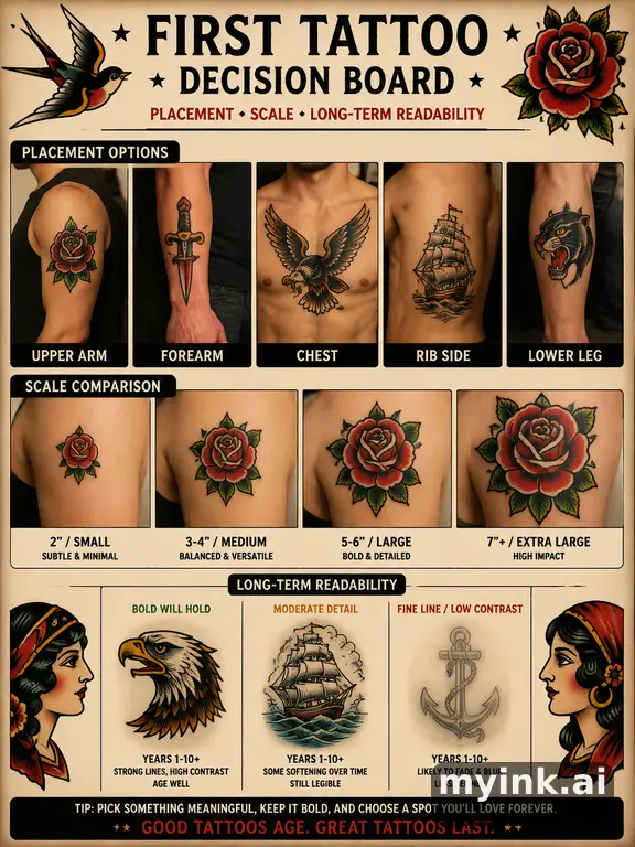 First tattoo decision board comparing placement — Traditional Tattoo Design reference image
