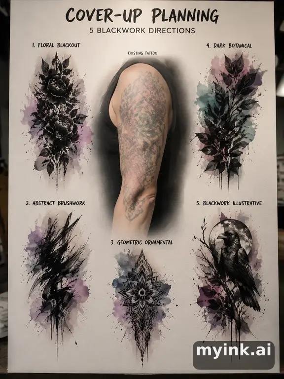 Cover-up tattoo planning board showing five blackwork directions — Watercolor Tattoo Design reference image
