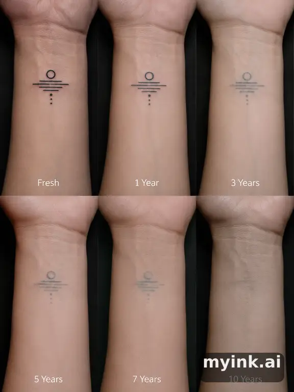 Tattoo aging comparison for a minimalist wrist design over ten years — Realistic Tattoo Design reference image