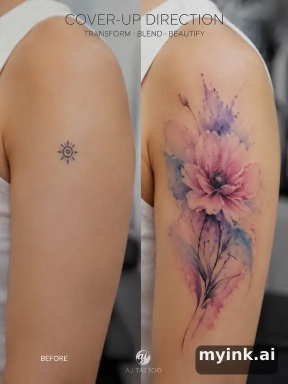 Before-and-after cover-up direction that absorbs an old small symbol — Watercolor Tattoo Design reference image