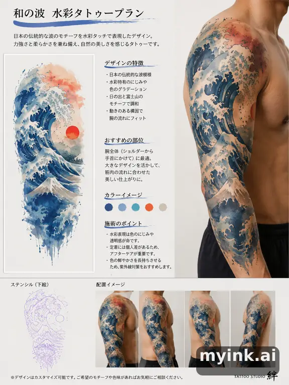 Consultation-ready Japanese wave tattoo plan with stencil and placement notes — Watercolor Tattoo Design reference image