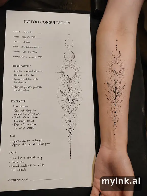 First tattoo consultation sheet with a fine-line forearm design and placement notes — Dotwork Tattoo Design reference image