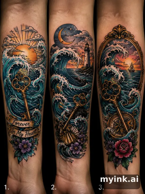 Three symbolic memorial tattoo routes based on ocean waves and a small key — Neotraditional Tattoo Design reference image