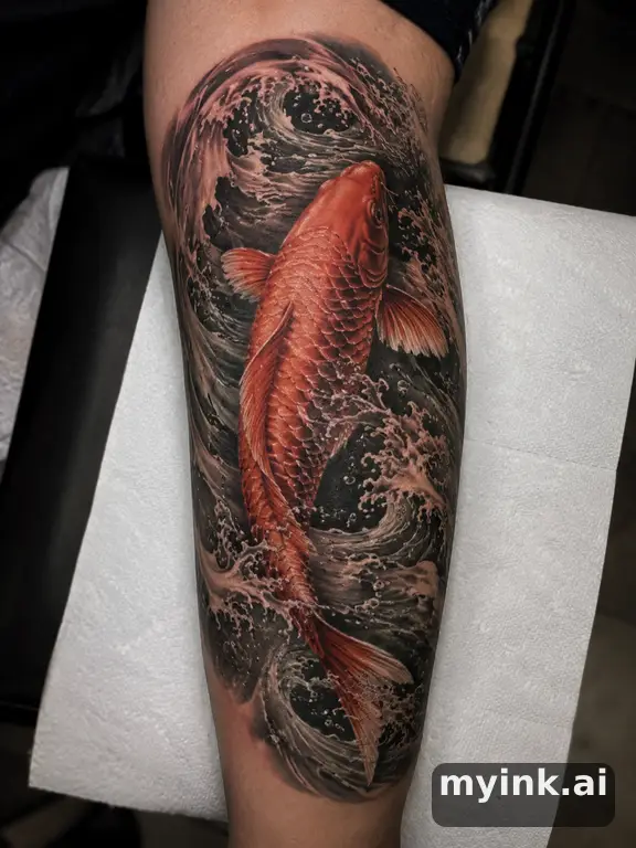 Koi fish swimming upstream — Realistic Tattoo Design reference image
