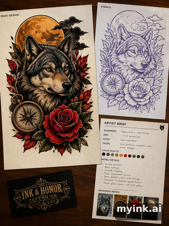 Private tattoo planning pack layout with main design — Neotraditional Tattoo Design reference image