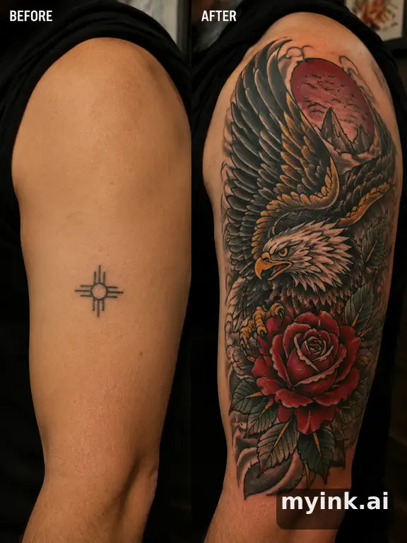 Before-and-after cover-up direction that absorbs an old small symbol — Neotraditional Tattoo Design reference image