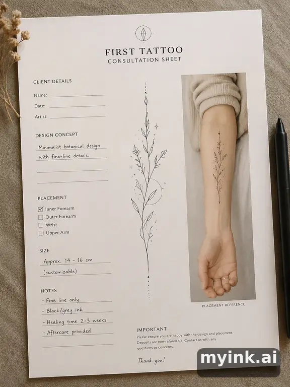 First tattoo consultation sheet with a fine-line forearm design and placement notes — Minimalist Tattoo Design reference image
