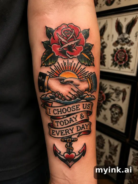 Meaningful vow tattoo concept with subtle symbols and aging-safe spacing — Traditional Tattoo Design reference image