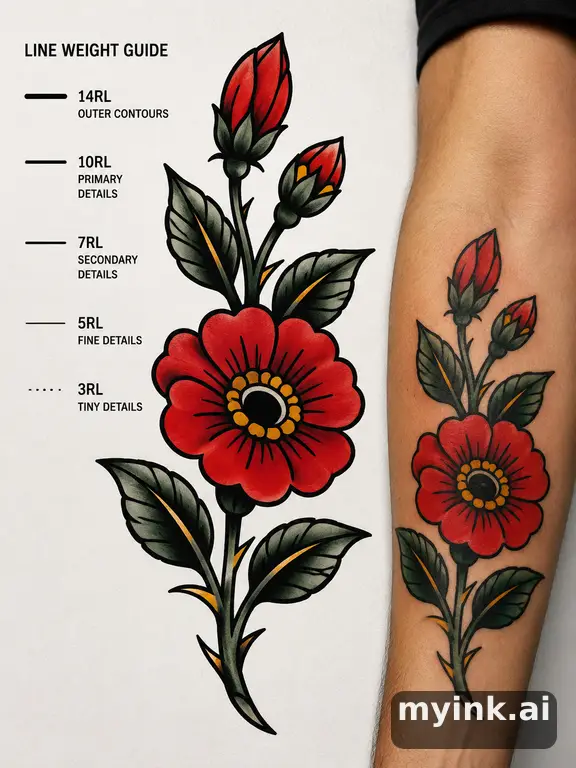 Clean stencil-ready botanical tattoo with line weight annotations — Traditional Tattoo Design reference image