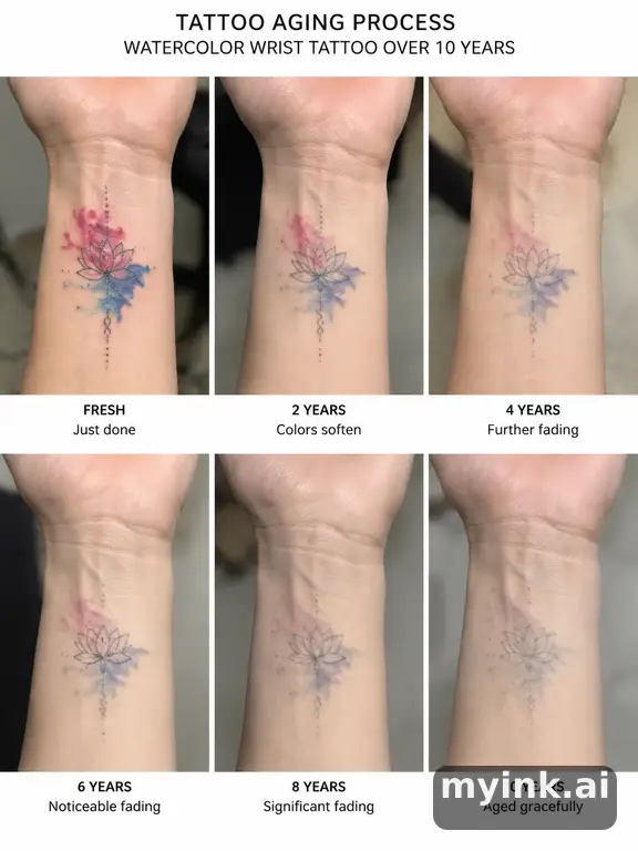 Tattoo aging comparison for a minimalist wrist design over ten years — Watercolor Tattoo Design reference image