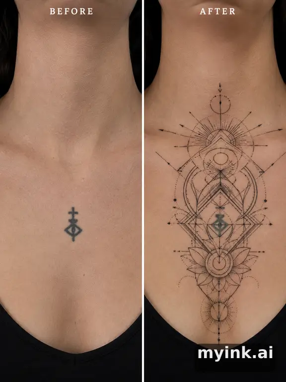 Before-and-after cover-up direction that absorbs an old small symbol — Geometric Tattoo Design reference image