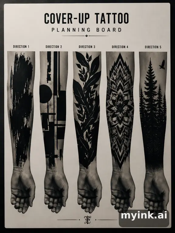 Cover-up tattoo planning board showing five blackwork directions — Blackwork Tattoo Design reference image