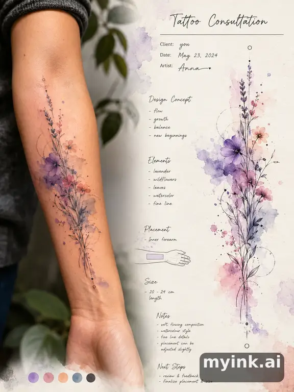 First tattoo consultation sheet with a fine-line forearm design and placement notes — Watercolor Tattoo Design reference image
