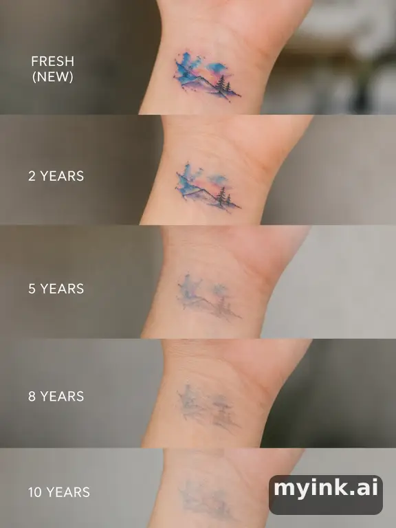 Tattoo aging comparison for a minimalist wrist design over ten years — Watercolor Tattoo Design reference image
