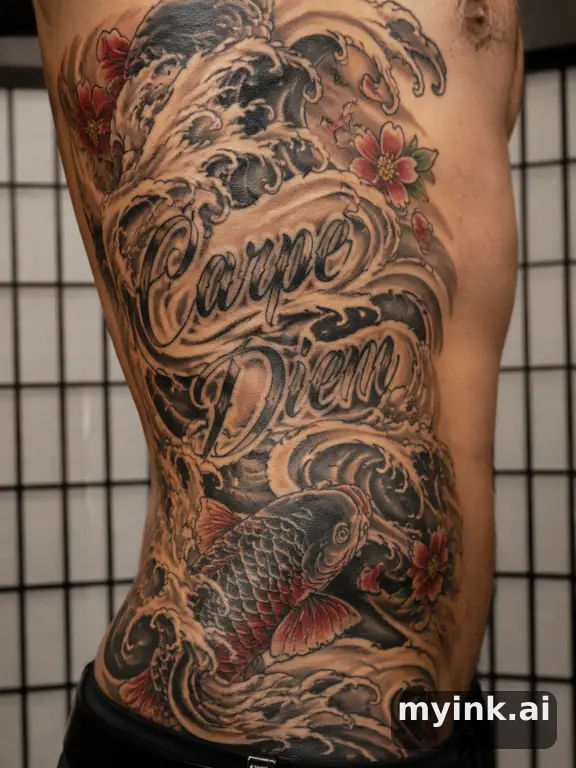 Phrase 'Carpe Diem' in vintage lettering — Japanese Tattoo Design reference image