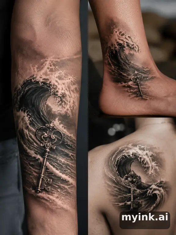 Three symbolic memorial tattoo routes based on ocean waves and a small key — Realistic Tattoo Design reference image