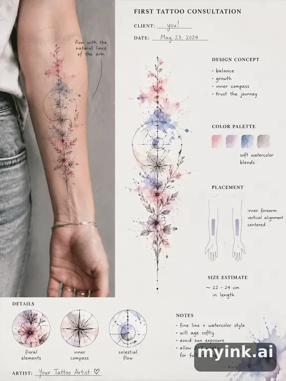 First tattoo consultation sheet with a fine-line forearm design and placement notes — Watercolor Tattoo Design reference image