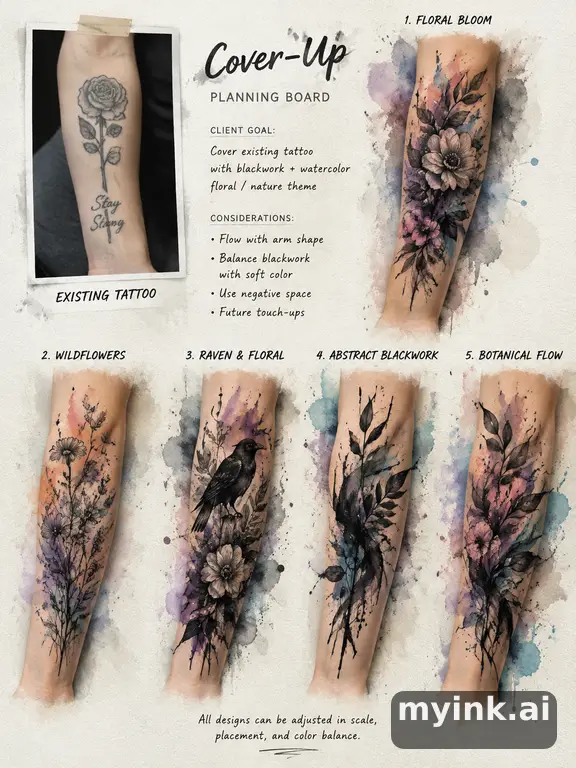 Cover-up tattoo planning board showing five blackwork directions — Watercolor Tattoo Design reference image