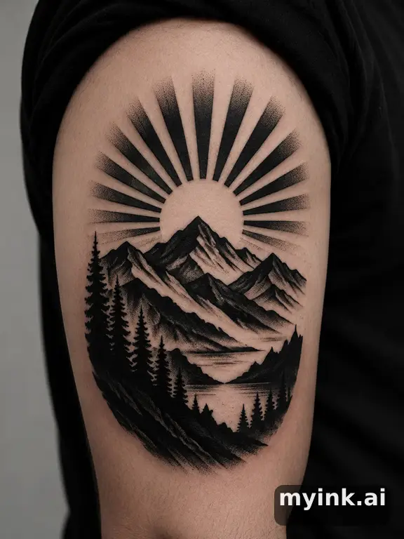Sunrise over mountains — Blackwork Tattoo Design reference image