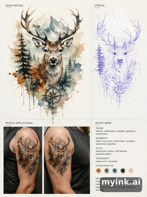 Private tattoo planning pack layout with main design — Watercolor Tattoo Design reference image