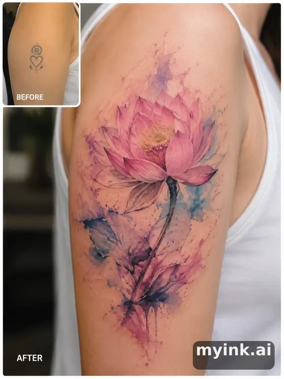 Before-and-after cover-up direction that absorbs an old small symbol — Watercolor Tattoo Design reference image