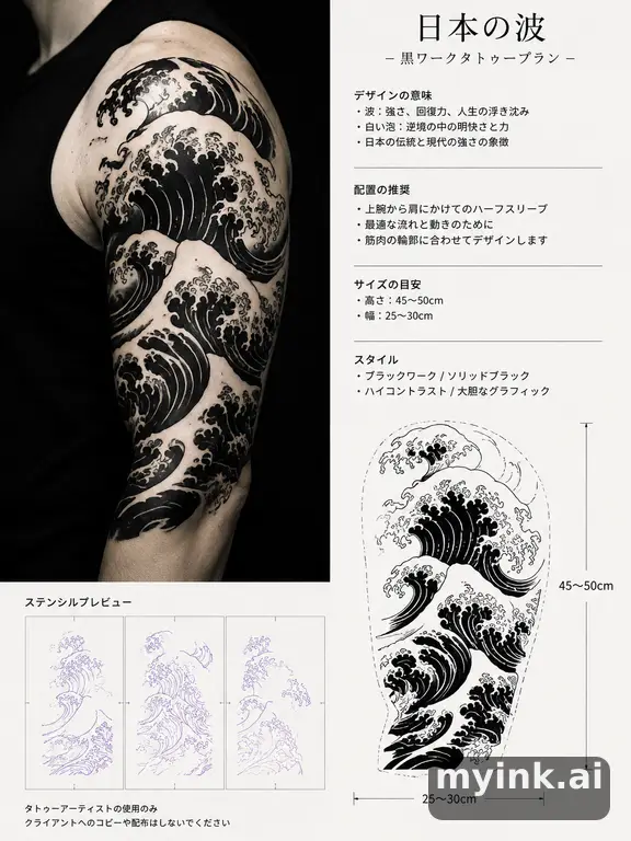 Consultation-ready Japanese wave tattoo plan with stencil and placement notes — Blackwork Tattoo Design reference image