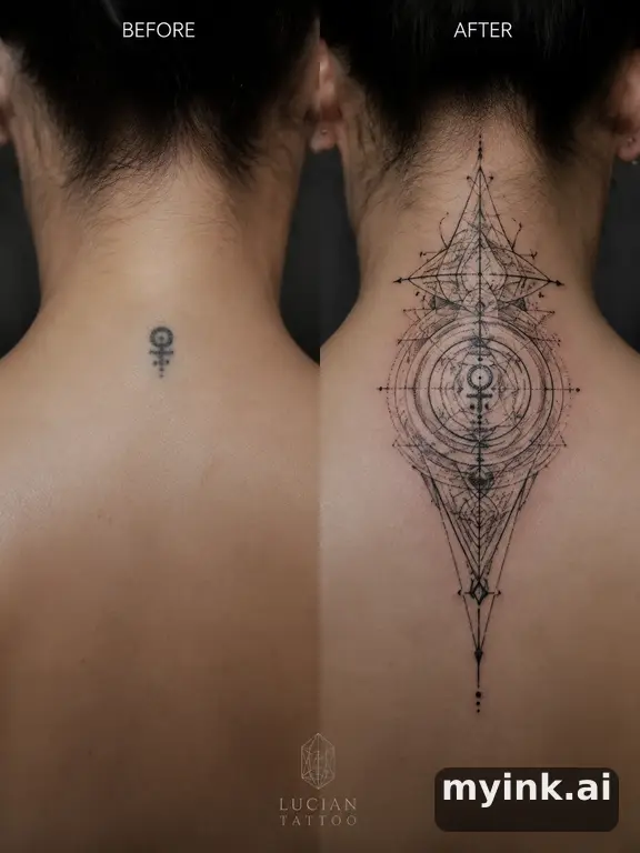 Before-and-after cover-up direction that absorbs an old small symbol — Geometric Tattoo Design reference image