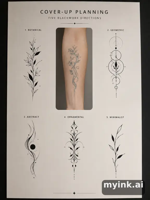 Cover-up tattoo planning board showing five blackwork directions — Minimalist Tattoo Design reference image