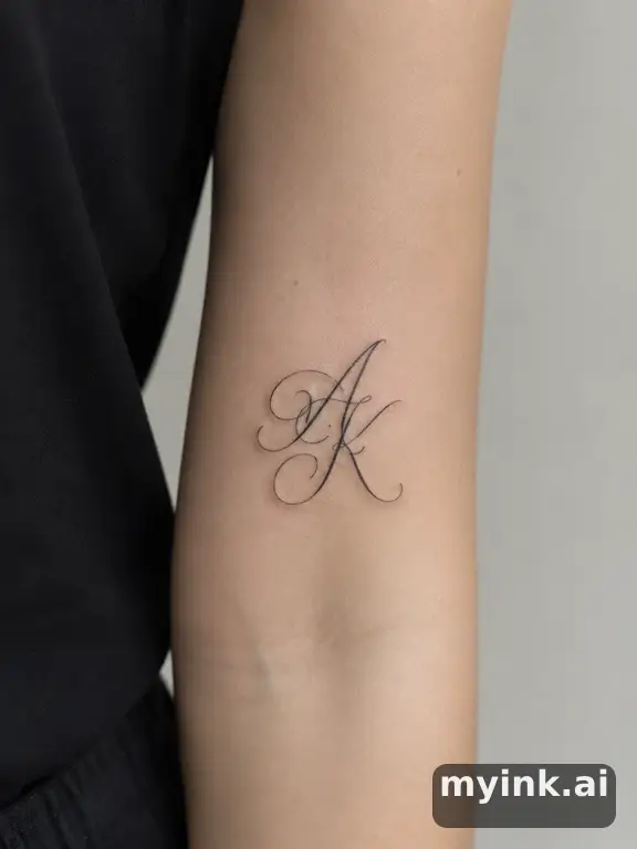 Elegant intertwined initials in fine-line calligraphy script — Minimalist Tattoo Design reference image