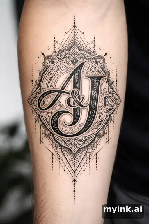 Initials 'A & J' intertwined — Geometric Tattoo Design reference image