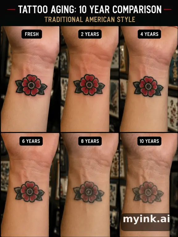 Tattoo aging comparison for a minimalist wrist design over ten years — Traditional Tattoo Design reference image