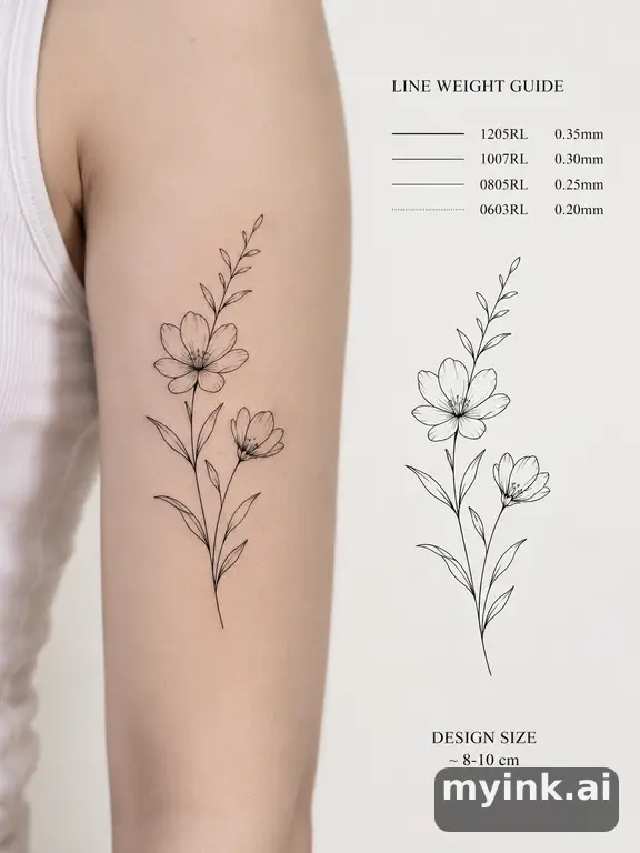 Clean stencil-ready botanical tattoo with line weight annotations — Minimalist Tattoo Design reference image