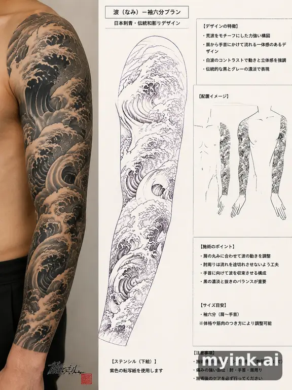 Consultation-ready Japanese wave tattoo plan with stencil and placement notes — Japanese Tattoo Design reference image