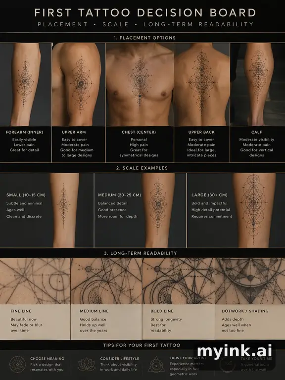 First tattoo decision board comparing placement — Geometric Tattoo Design reference image