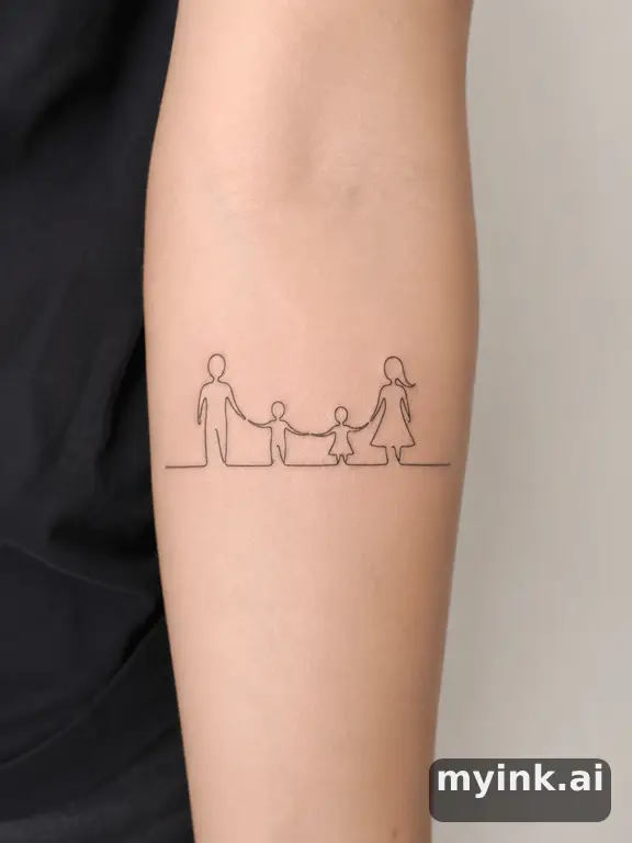 Minimalist family stick figures holding hands in single continuous line — Minimalist Tattoo Design reference image