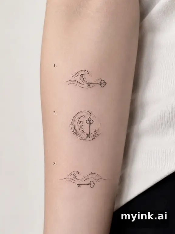 Three symbolic memorial tattoo routes based on ocean waves and a small key — Minimalist Tattoo Design reference image